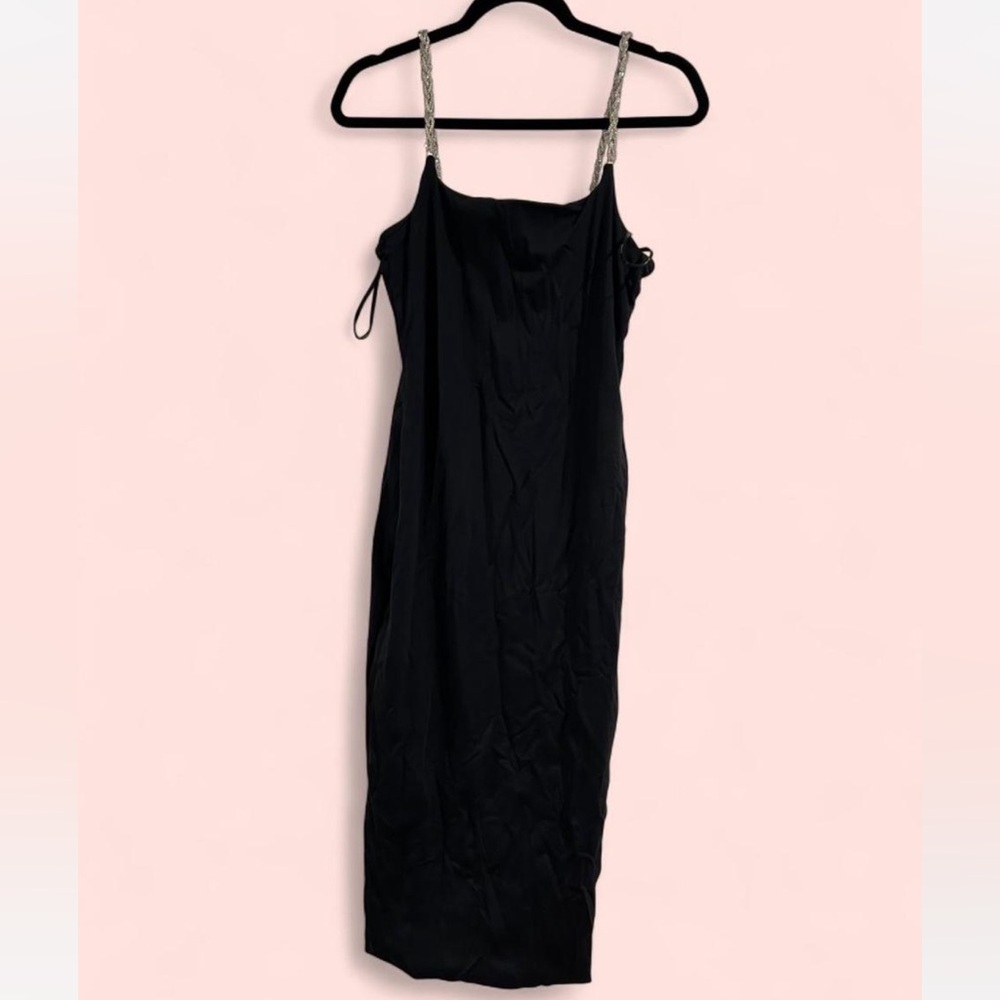 Bodycon Rhinestone Strap Black Midi Dress 👗 💎